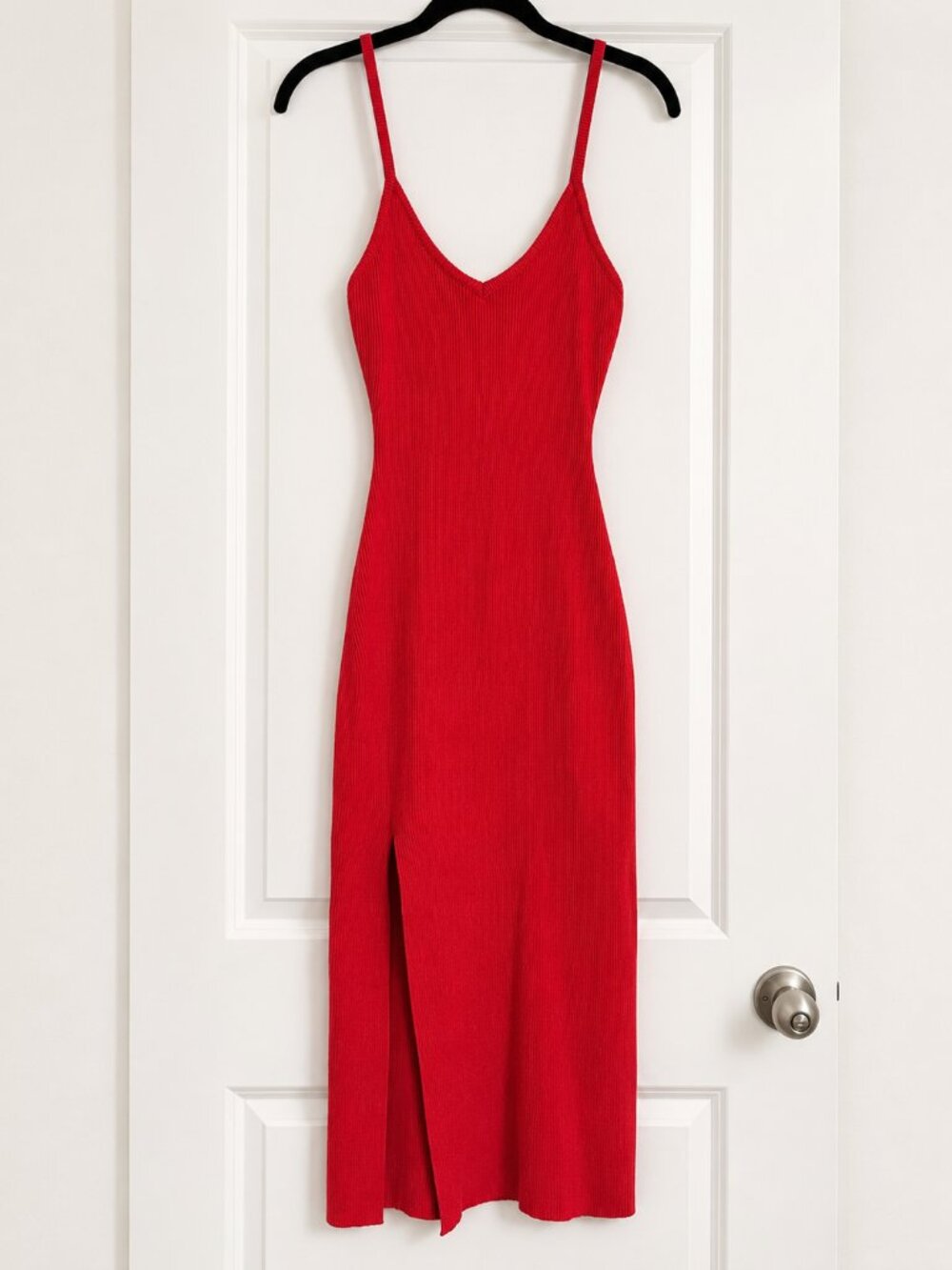 Windsor Perfectly Stylish Ribbed Knit Midi Dress | Red High Slit Bodycon Dress - Picture 3 of 5